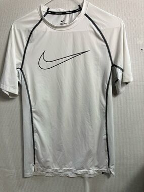 Nike White Short Sleeve Pro Shirt with Black Swoosh